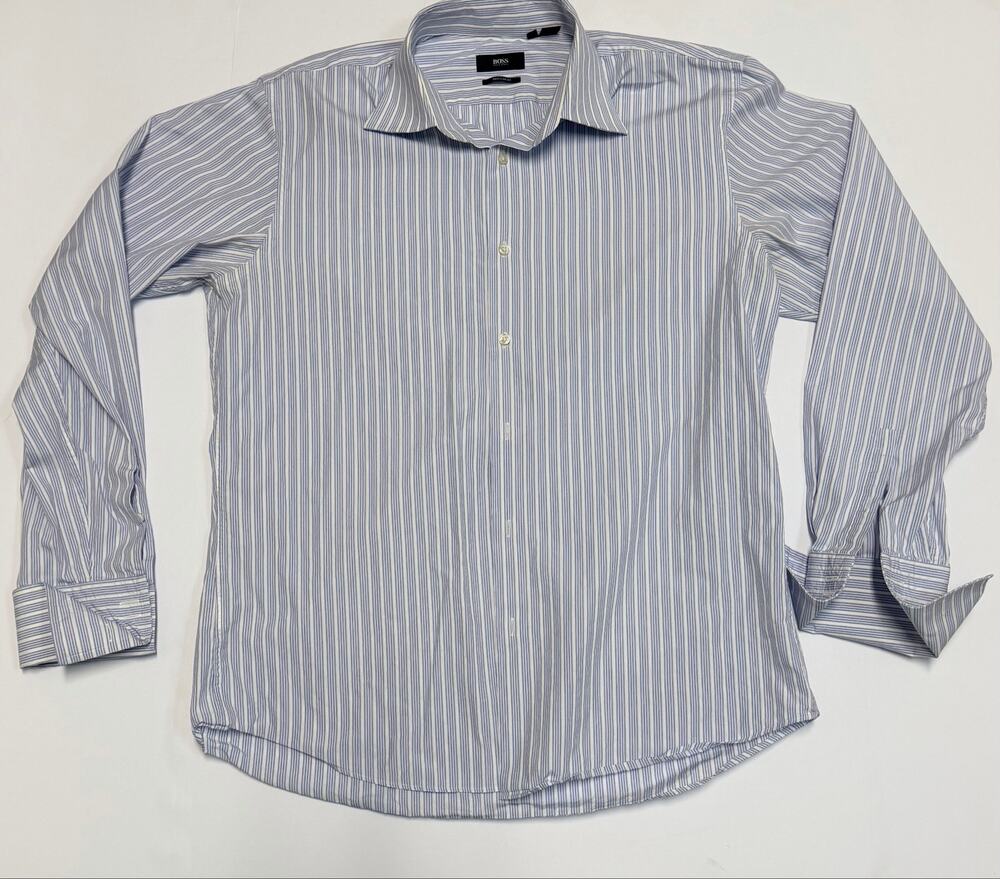 Hugo Boss Mens Dress Shirt 16.5 34/35 Blue White Stripe Regular Fit Long Sleeve